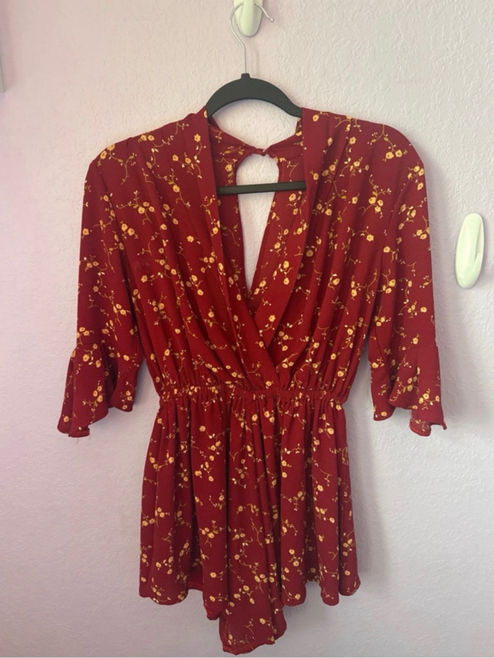 Women's Red Floral V-Neck Smocked Waist Romper